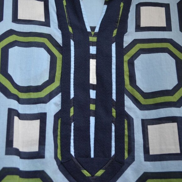 Tory Burch Blue White Green Cotton V Neck Navy Twill Tape Trim Beach Tunic Top - Picture 6 of 14